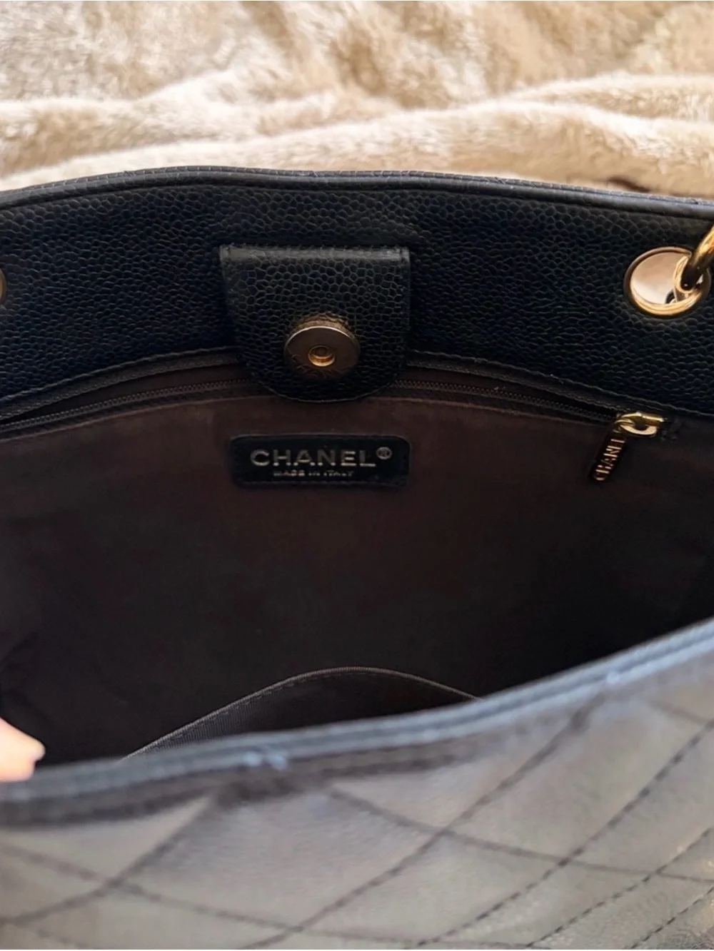 CHANEL Black Quilted Caviar Leather Shoulder Tote with Gold Chain